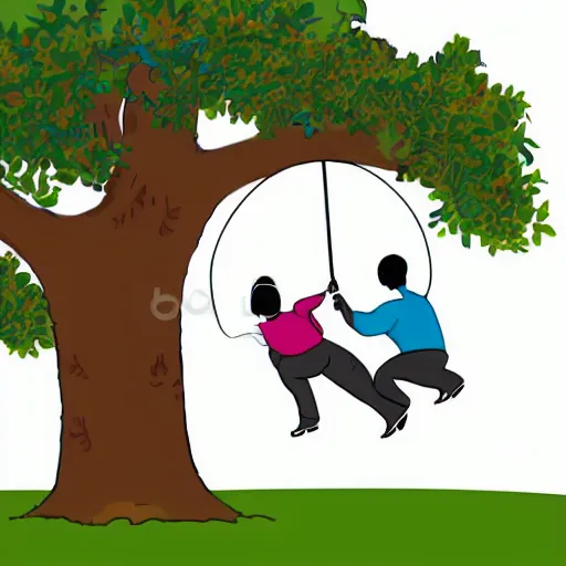 Prompt: a cartoon illustration of mom dad and kid who are shaped like a circle, pushing their kid on a tree swing. bold colors, indigo, mustardy yellow, pea green