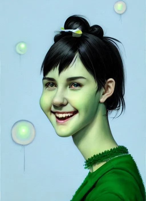 Image similar to portrait of high school girl, realistic, black hair, bangs, half updo hairstyle, pointy nose, skinny, smile, ugly, defined jawline, big chin, green hair bow, earrings, intricate, elegant, glowing lights, highly detailed, digital painting, artstation, sharp focus, illustration, art by wlop, mars ravelo and greg rutkowski