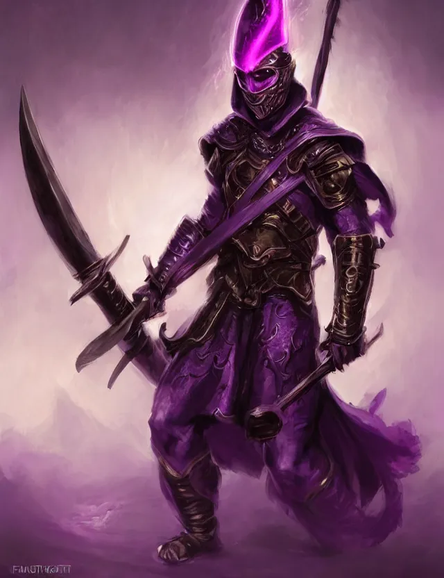 Image similar to a masked warrior in purple armour glowing violet, wielding a large purple sword that flashes with lightning, by frank fazetta and peter mohrbacher, trending on artstation, digital art, 4 k resolution, detailed, high quality, hq artwork, coherent, insane detail, concept art, character concept, character full body portrait