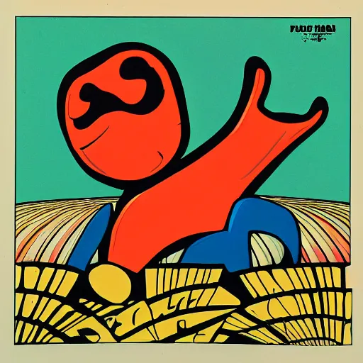 Prompt: packman as the beetles album cover, 7 0 s, acid