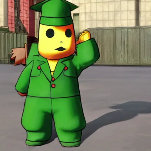 Prompt: A photorealistic green tin soldier from Team Fortress 2 saluting to Ash's Pikachu. Pikachu is drawn in an anime style and its head is replaced with the Heavy's head from Team Fortress 2. Pikachu is also happily saluting back at the tin soldier