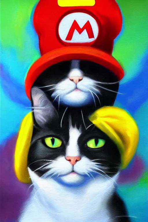 Image similar to A beautiful oil painting of a Cat wearing a Super Mario Hat, intricate, volumetric lighting, summer, hyperrealistic, colorful, hyperdetailed.