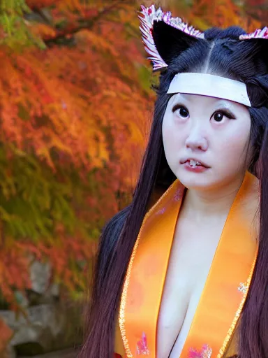 Prompt: full - color photo of a cute young japanese woman cosplaying as a kitsune goddess doing a ritual dance in a windy inari shinto shrine in kyoto full of autumn leaves. she has fox - ears, a fox - tail, hands that are fox - paws, sharp fox - teeth, and a fox - nose. highly - detailed ; professional portrait photography.