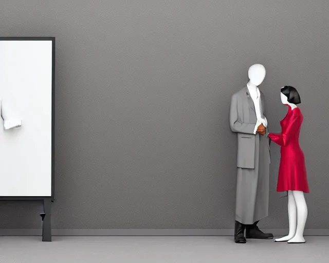 Image similar to a man standing next to a woman in front of a whiteboard, a computer rendering by Richard Artschwager, behance, modular constructivism, matte drawing, matte painting, studio portrait, diorama