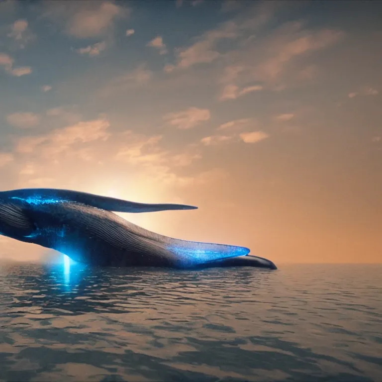 Prompt: vfx shot by weta digital and industrial light and magic ilm, a stunning beautiful glowing blue whale made out of shiny reflective silver metallic chrome flying in the sky through fluffy giant sunset clouds, octane render, cinema 4 d, ray traced lighting, very short depth of field, bokeh