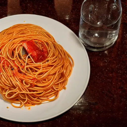 Prompt: a plate of spaghetti and realistic shiny human eyeballs