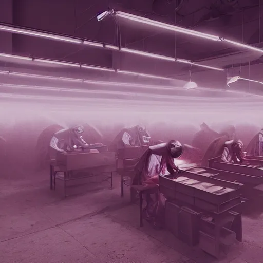 Prompt: evil souls being produced in surreal sweatshop odyssey under fluorescent light hell, advanced, photorealistic, realistic, dramatic lighting, fantastic reality, by stefan bakałowicz, 8 k resolution