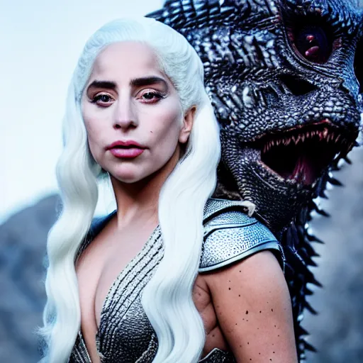 Image similar to Lady Gaga as Daenerys Targaryen mother of dragons, drogon, XF IQ4, 150MP, 50mm, F1.4, ISO 200, 1/160s, natural light