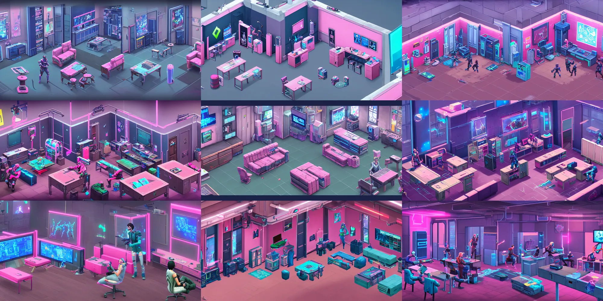 Prompt: game asset of the sims cyberpunk training room furniture and decor, in gouache detailed paintings, props, stylized, 2 d sprites, kitbash, arcane, overwatch, blue and pink color scheme, 8 k, close up