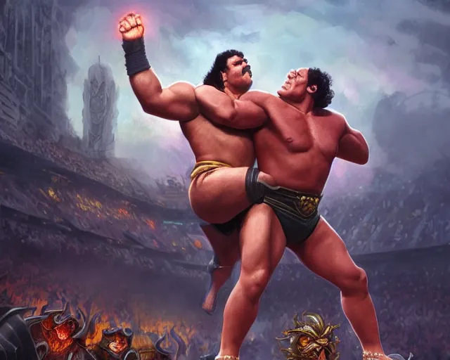 Image similar to hulk hogan body slamming andre the giant wrestlemania 2, deep focus, d & d, fantasy, intricate, elegant, highly detailed, digital painting, artstation, concept art, matte, sharp focus, illustration, hearthstone, art by artgerm and greg rutkowski and alphonse mucha