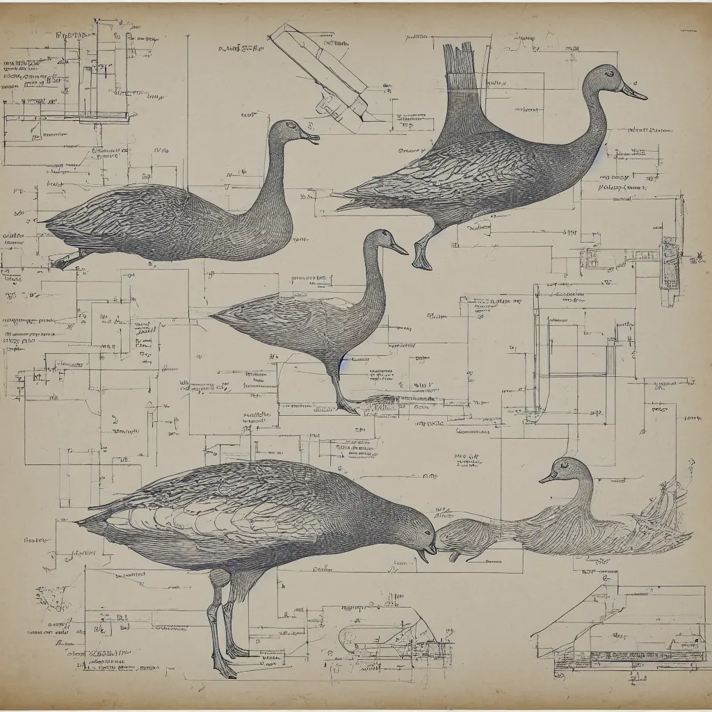 Image similar to blueprint of a goose, architecture diagram