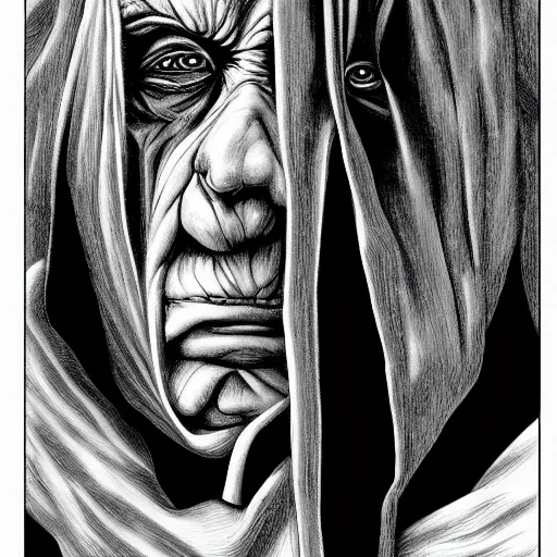 Image similar to Emperor Palpatine portrait in the style of Junji Ito. Manga. Black & White. Gothic. Horror. Exquisitely detailed. 4K.