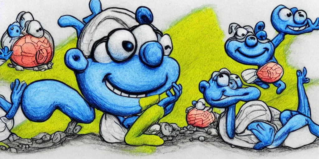 Image similar to smurfs found in snails with a sunrise and road landscape with lynxes and teeth in pen drawing style and pencil color