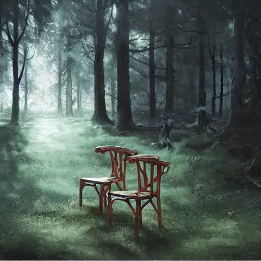 Prompt: chair in the forest wenjun lin ultra realistic