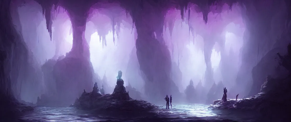 Prompt: digital painting of a underground lake, purple, style of demons souls, concept art, low angle, high detail, warm lighting, volumetric, godrays, vivid, beautiful, trending on artstation, by Jordan grimmer, no focus, huge scene, clear water