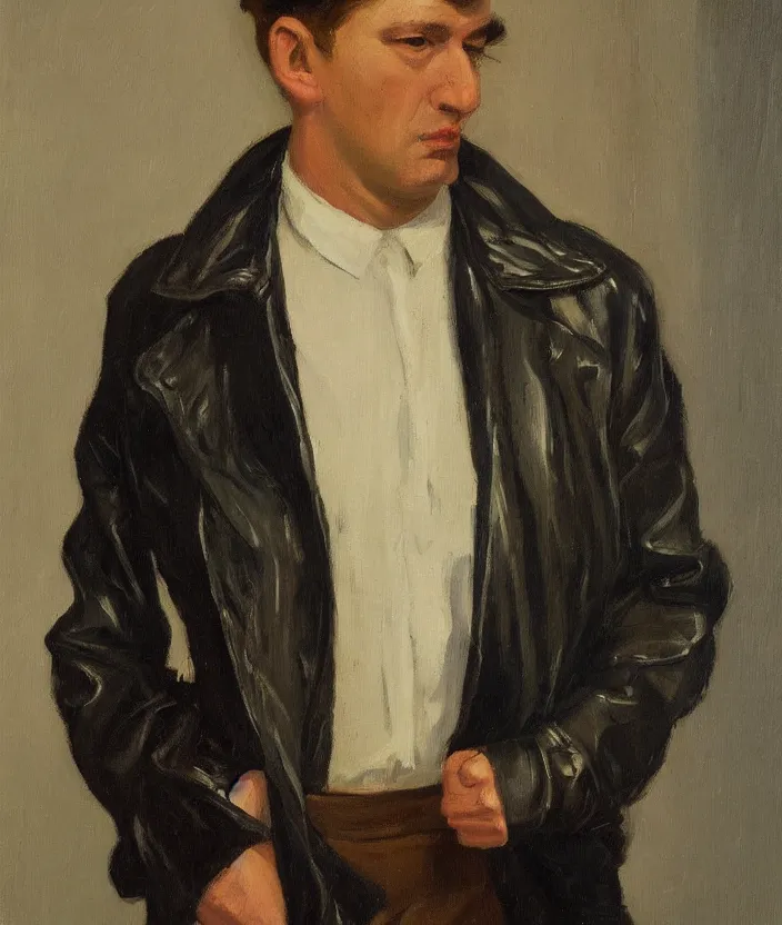 Prompt: a very detailed portrait of a man, wearing an 8 0 s leather jacket with big shoulder pads, front view, in the style of edward hopper and oswald hornby joseph birley and susan ryder, very small brushstrokes, 4 k,