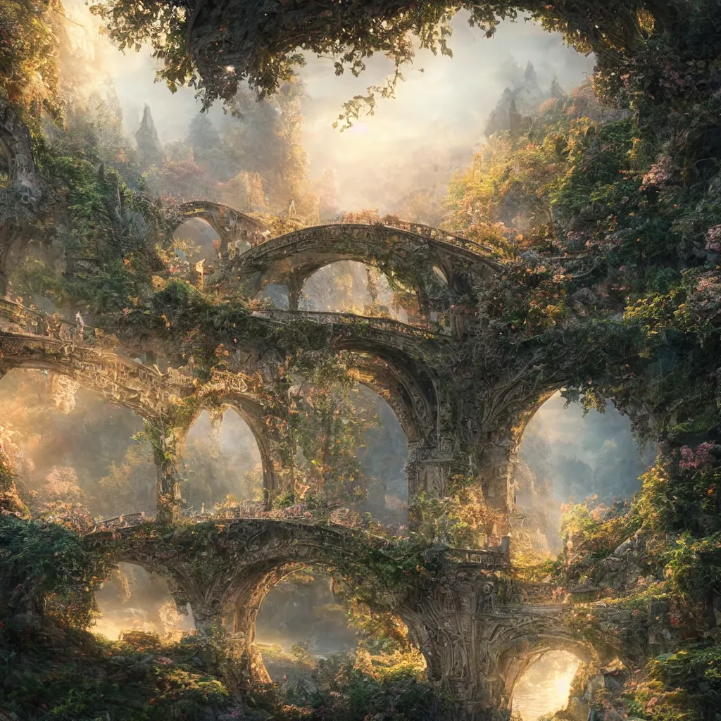 Prompt: 3 d high relief painting of fairyland bridge, outside of time and space, dreamy, romantic, gorgeous lighting, well lit, backlit, dramatic cinematic lighting, intricate, highly detailed, octane render, 8 k