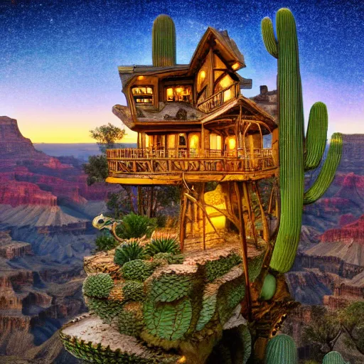 Prompt: fancy treehouse mansion built in a giant cactus on top of plateau with amazing view of sunset over the grand canyon detailed luminescent magical realism painting 4 k