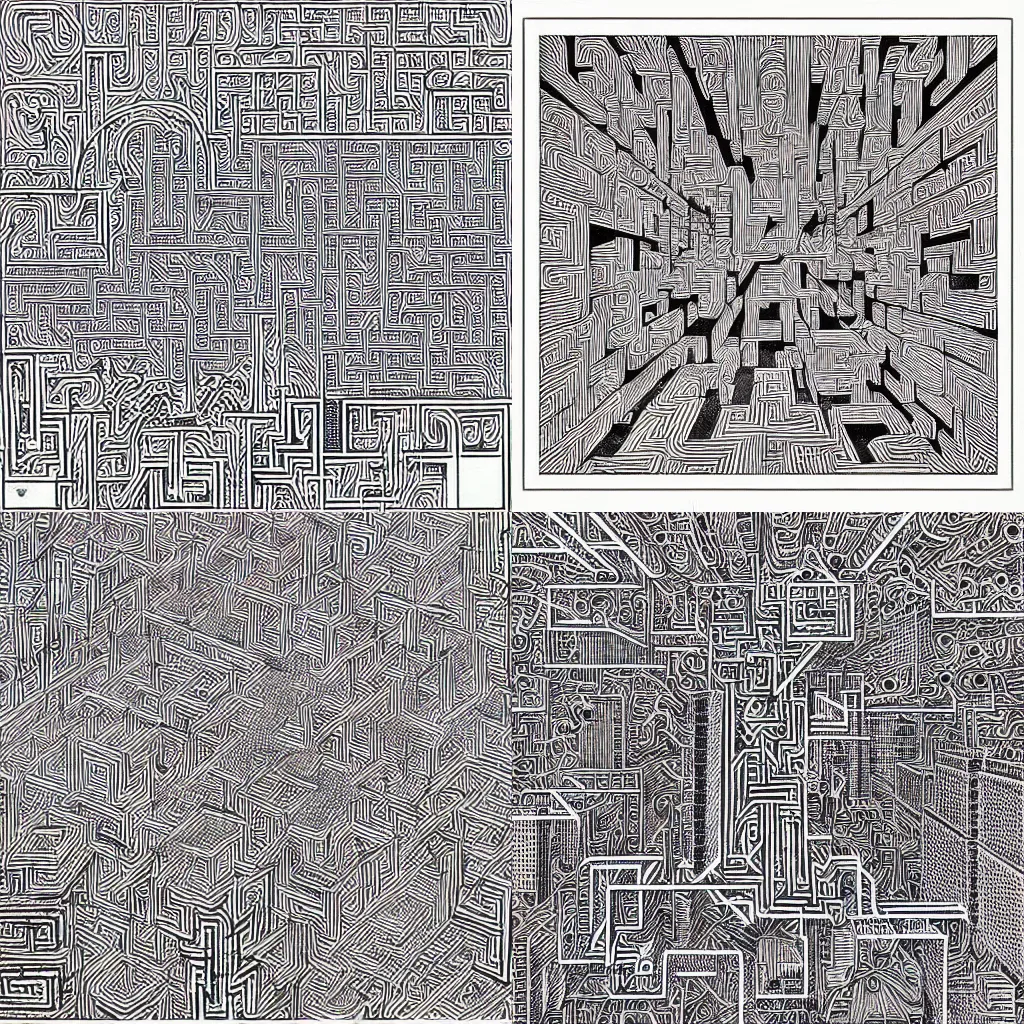 Prompt: “intricate maze city, dotart in the style of James Jean”