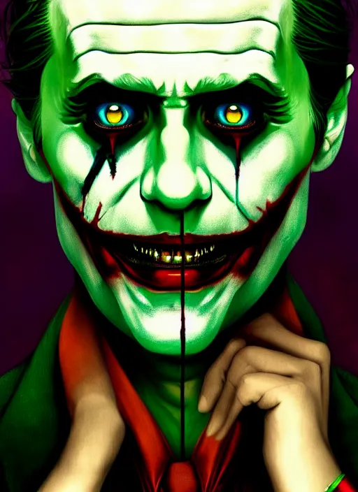 Image similar to portrait of jared leto as the joker, green hair, intricate, elegant, glowing lights, highly detailed, digital painting, artstation, concept art, sharp focus, illustration, art by wlop, mars ravelo and greg rutkowski