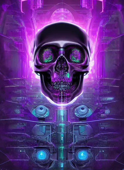 Image similar to a futuristic skull with glowing eyes and a purple background, fractal made of skulls, cyberpunk art by android jones, behance contest winner, computer art, darksynth, synthwave, rendered in cinema 4 d