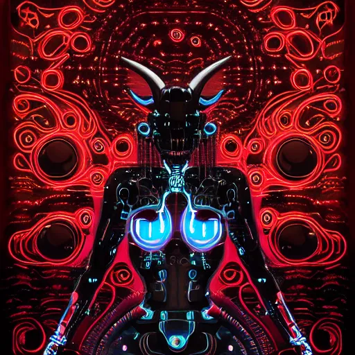 Prompt: a stylized minimalist horneded cybernetic demon, circuitry, klimt, royo, behance, global illumination