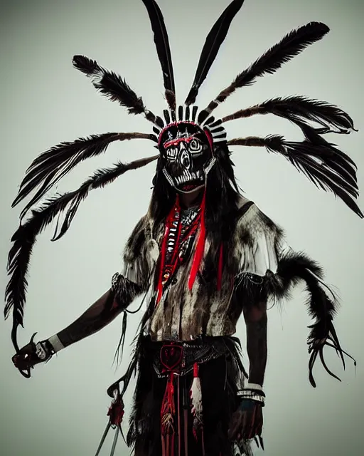 Image similar to the aztec ghost - spirit of the grim - warpaint wears the scarlet skull armor and native blood headdress feathers, midnight fog - mist!, cinematic lighting, various refining methods, micro macro autofocus, ultra definition, award winning photo