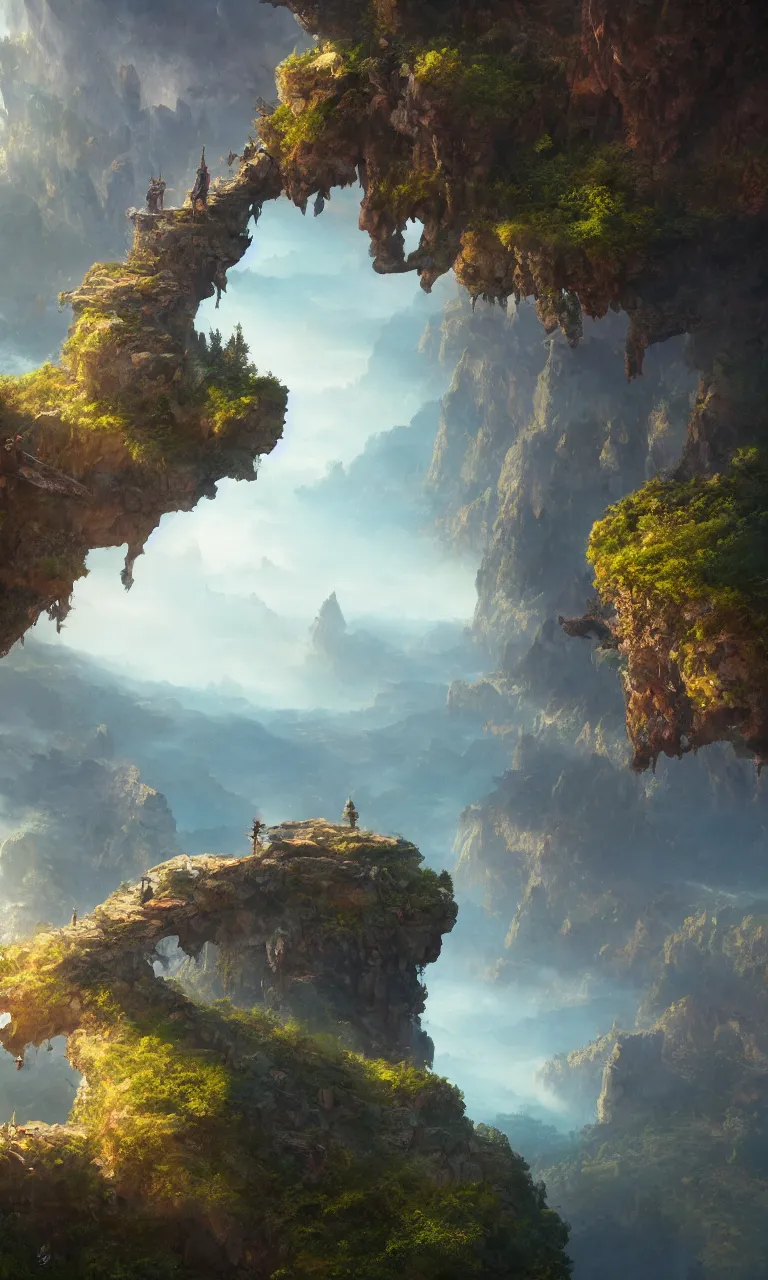 Prompt: an oil art close - up centered view from a cliff looking out to a fantasy mountain landscape, 4 k, ultra detail, volumetric lighting, unreal engine, octane render, tom bagshaw, andreas rocha