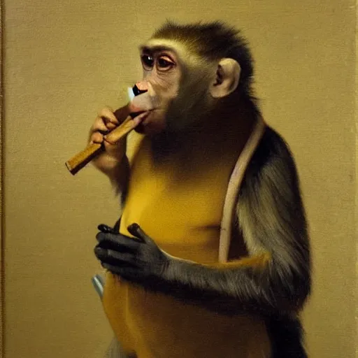 Prompt: Monkey smoking a Cuban cigar, oil on canvas, by Johannes Vermeer