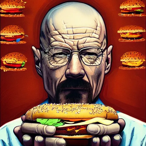 Prompt: painting of walter white eating a hamburger, illustration, artistic, colorful, hyper detailed, in the style of Greg Rutkowski,