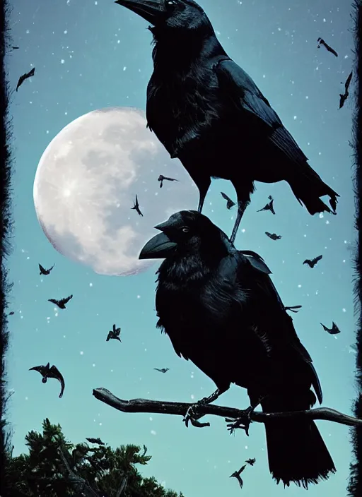 Image similar to book cover, crow in front of the full big moon, realistic colors, digital art