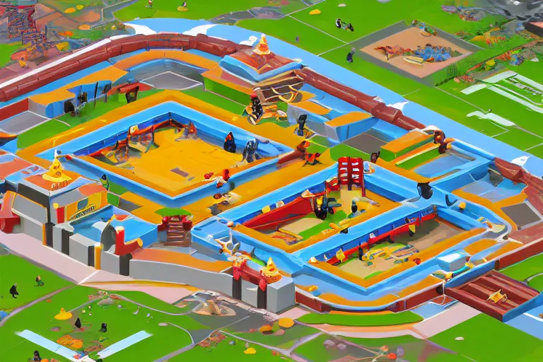 Prompt: isometric view of a multi - leveled brawling arena, inspired by modern skate parks and modern chinese playgrounds in the style of splatoon, nintendo, day