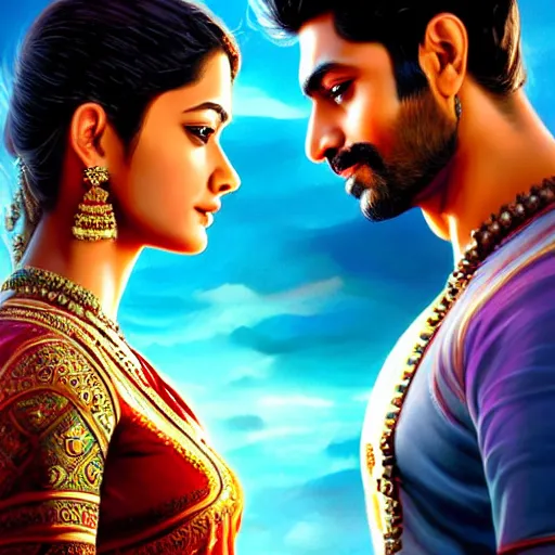 Image similar to perfectly centered bollywood movie promotional poster of anatomically correct hero and heroine side profile faces symmetrical ; real life portrait, ultra realistic, high coherence, intricate, hdr, highly detailed, photorealistic, octane render, 8 k, unreal engine ; romantic theme, two lovers sharing one heart ; art by artgerm, greg rutkowski, charlie bowater