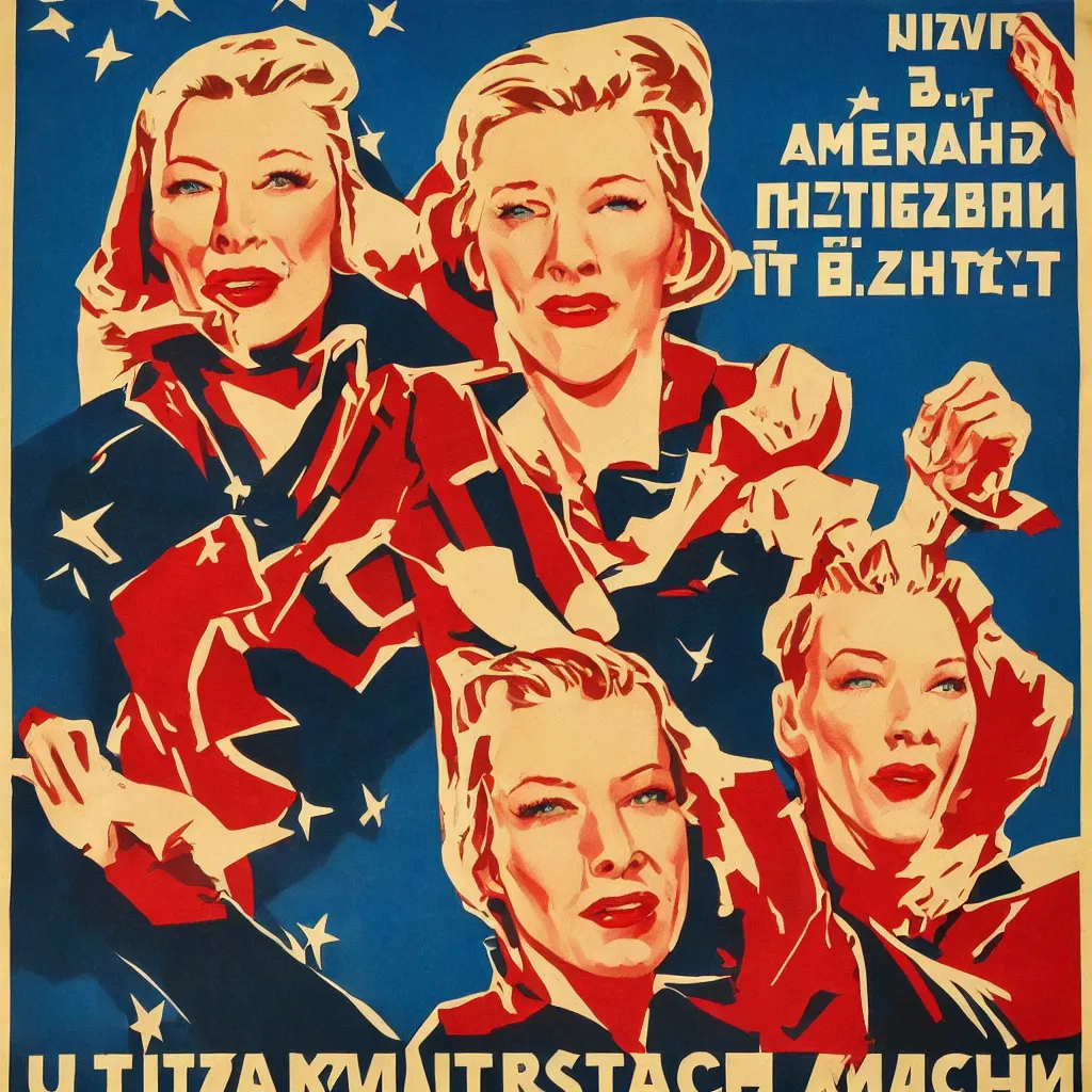 Prompt: american propaganda poster with cate blanchett calling on the world community to fight against Nazism, Ultra Detailed, soviet realism