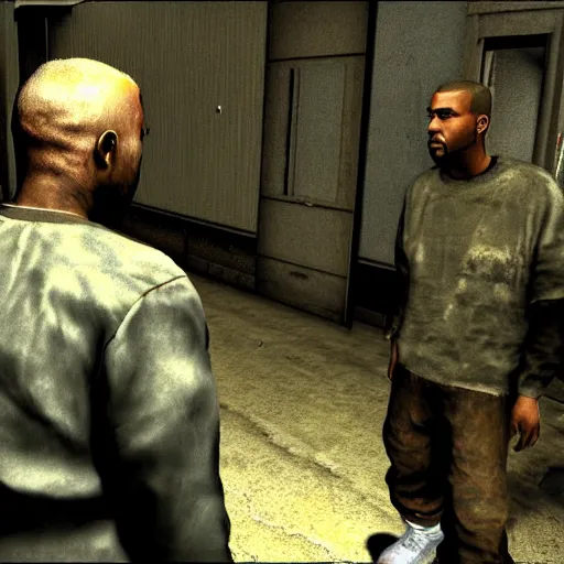 Prompt: game screenshot of kanye west inside silent hill 2, ps2 graphics