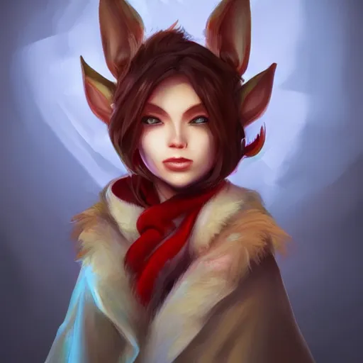 Prompt: Yordle Female portrait, Red Scarf, hatched ear, golden earring, Earnest, diminutive by Horace Hsu, Tony Sart highly detailed, digital illustration, concept art, dramatic lighting