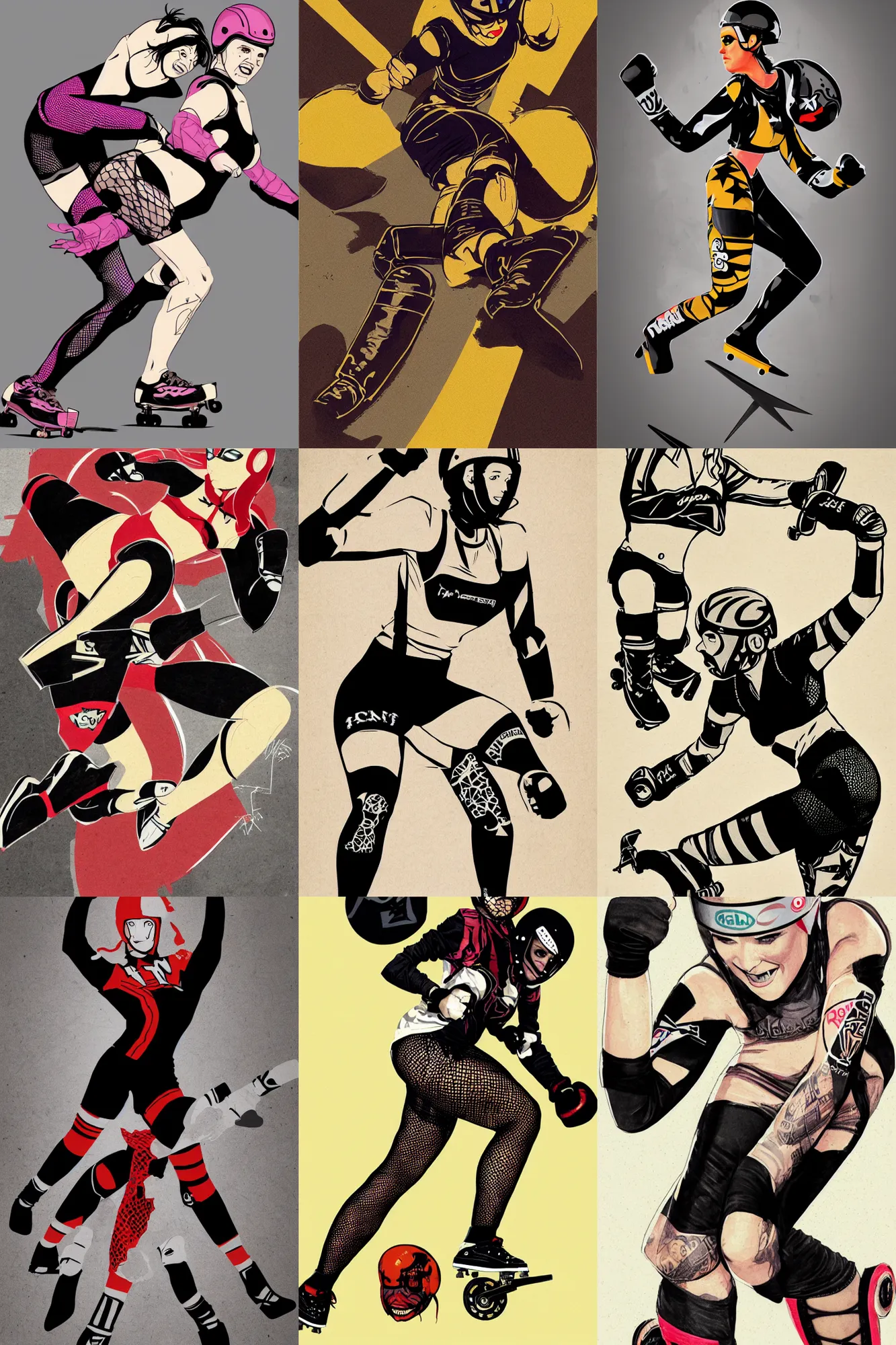 Prompt: logo design, roller derby girl sprinting Cross-Over, wearing skate helmet, knee pads, elbow pads,full length portrait, fishnet tights, torn, ripped, fists in the air, illustration by Eduardo Risso and greg rutkowski