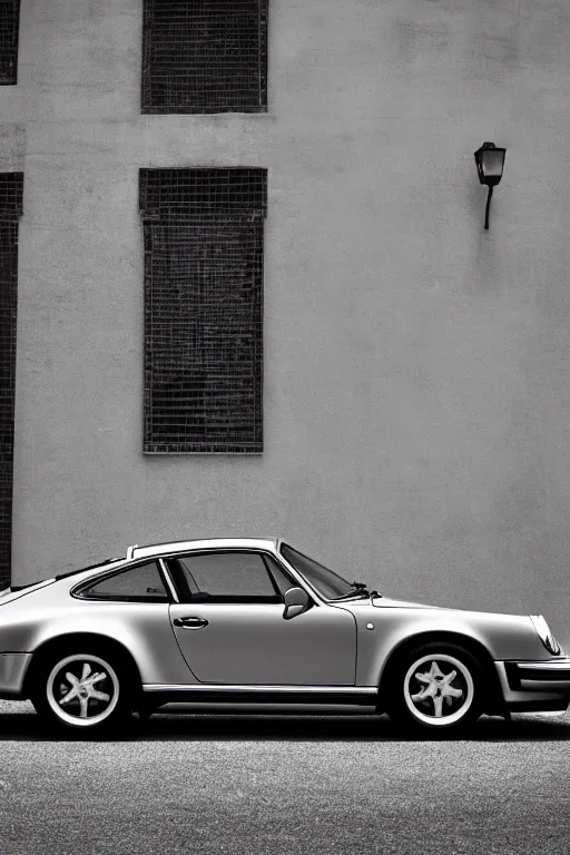 Image similar to Photo of a silver Porsche 911 Carrera 3.2, daylight, dramatic lighting, award winning, highly detailed, wide shot, 1980s Versace ad, Fashion photography, fine art print.
