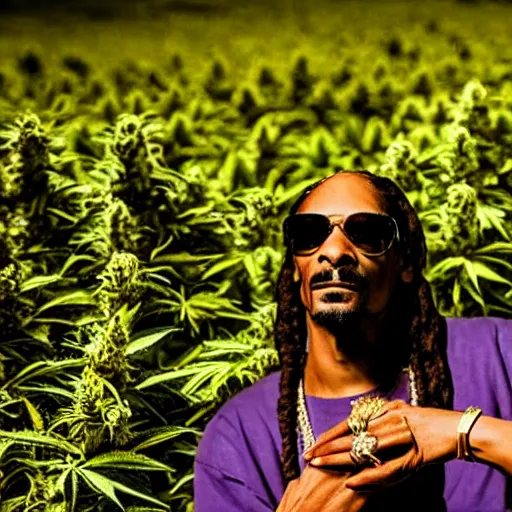 Prompt: Snoop Dogg in a marijuana field, cinematic lighting, award winning photography