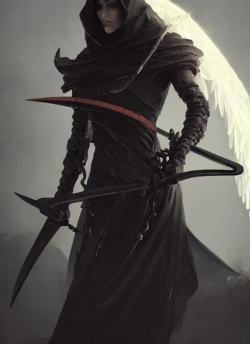 Prompt: a portrait of a beautiful angel of death with black wings holding a large scythe by marco bucci and greg rutkowski, sharp focus, very detailed, cinematic, closeup, trending on artstation, 4 k