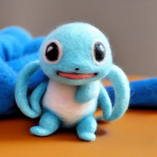Prompt: a needle felted very accurate Squirtle, pokemon needle felting art.