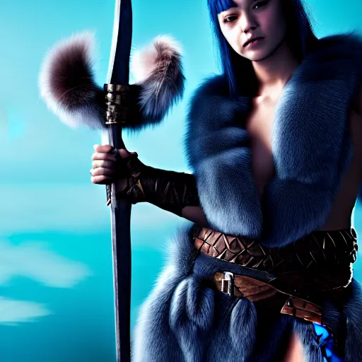 Prompt: a male DND barbarian wearing fur coat holding a small blue-skinned Triton girl with black hair, high resolution film still, 4k, HDR colors