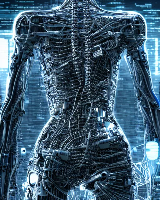 Image similar to photo of a biomechanical torso of a cyborg plugged into a quantum computer with cables and wires. cyberpunk horror style. art by luis royo. highly detailed 8 k. intricate. nikon d 8 5 0 5 5 mm. award winning photography.