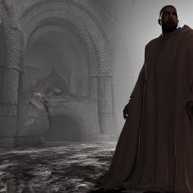 Prompt: kanye yeezus reimagined as a boss in dark souls, dark cinematic, volumetric, realistic, 3 d render, cinematic lighting, ray tracing, unreal engine 5, unreal engine render, octane render, hyper realistic, photo, 8 k