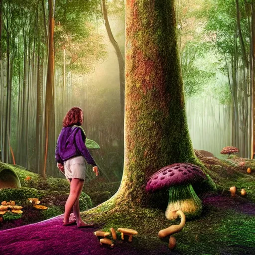 Image similar to extra wide view. person made of mushrooms standing in a marvelous magic forest jungle inhabited with fantastic creatures. iridescent. annihilation. hyper - detailed. hyperreal. unreal render.