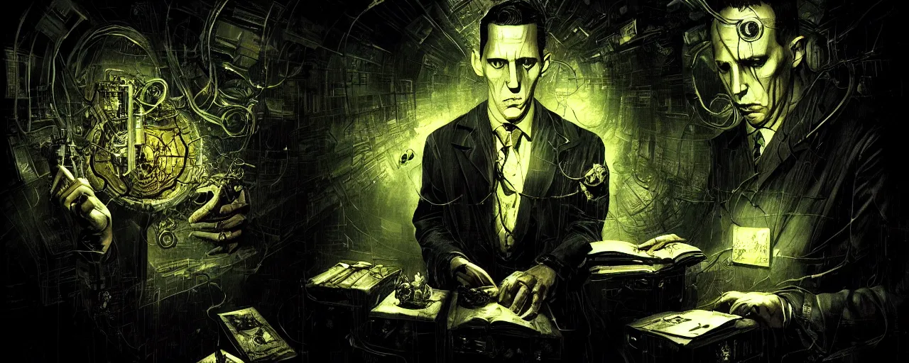 Prompt: dark scifi illustration 3 / 4 portrait of hp lovecraft reading necronomicon. cinematic lighting mad scientist style. golden ratio accidental renaissance. by dave mckean. graffiti art, scifi, fantasy, hyper detailed. octane render. concept art. trending on artstation