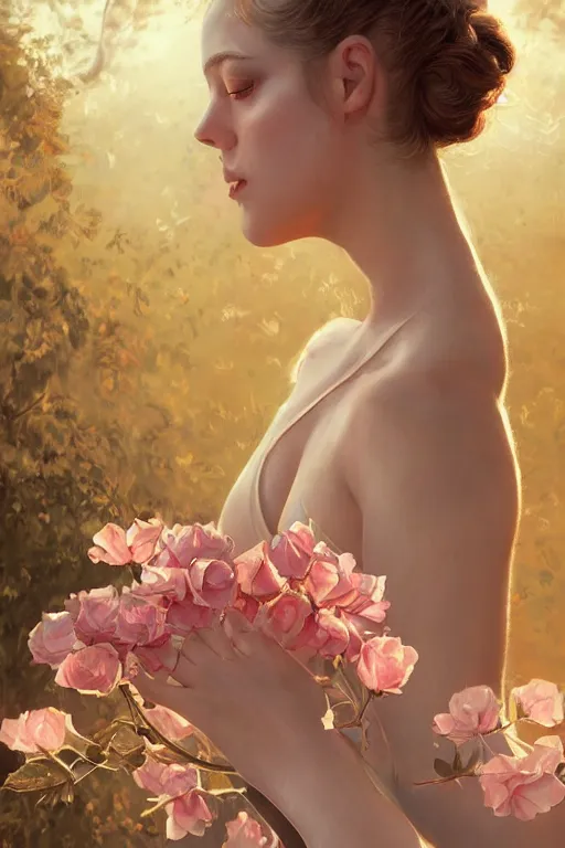 Image similar to stunningly beautiful, prima ballerina in rose garden, symmetrical face, golden hour, smooth, focus, highly detailed, hyper realistic, dramatic lighting, elegant, intricate, concept art, art by wlop, mars ravelo, greg rutowski, artstation