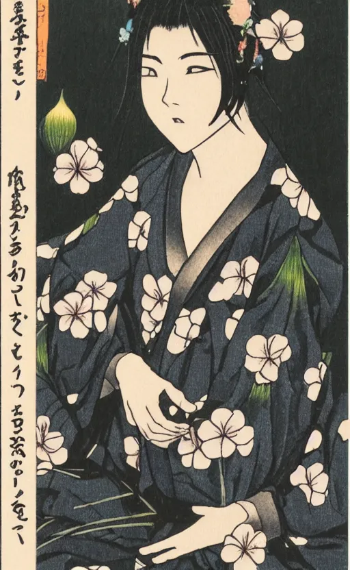 Image similar to by akio watanabe, manga art, a black hair girl sitting on wooden lake bridge and iris flowers, trading card front, kimono, realistic anatomy