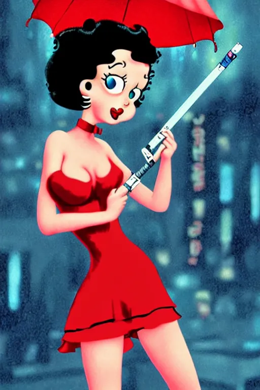 Image similar to betty boop in blade runner, smoking a cigarette holding a sword in the rain. digital art, retro cyberpunk