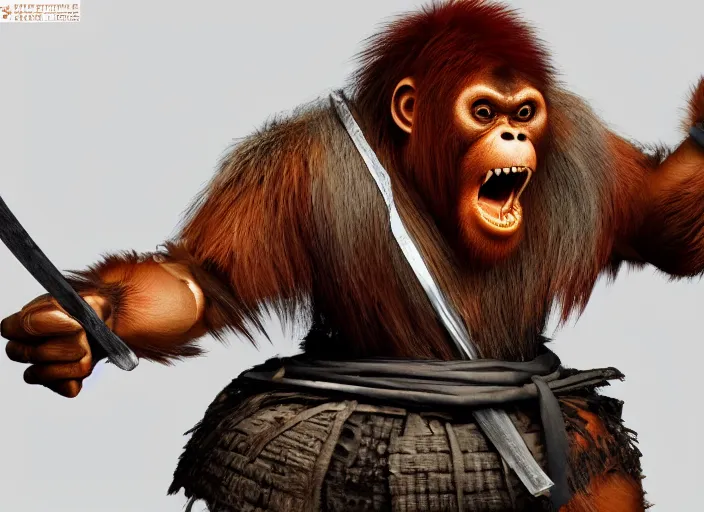 Image similar to extremely scary angry tough rough looking samurai orangutan. japanese warrior character, scary, gruffness, interesting 3 d character concept by square enix, in the style of league of legends, hyper detailed, cinematic, final fantasy, character concept, ray tracing, fur details, maya, c 4 d, artstation